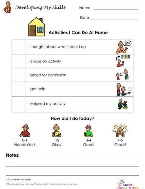 This is the skills rubric that goes with the Social Story, Activities I Can Do At Home